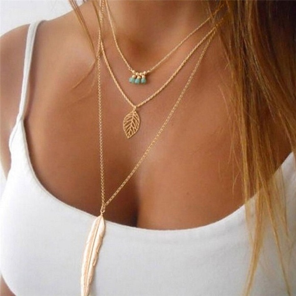 Jewelry - Layered Gold Turquoise Feather Pendant Necklace